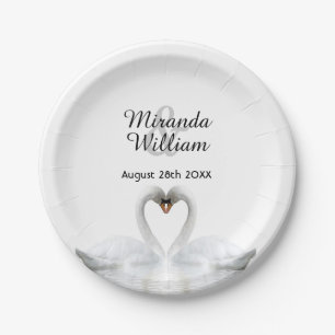 White elegant swans in love wedding paper plate