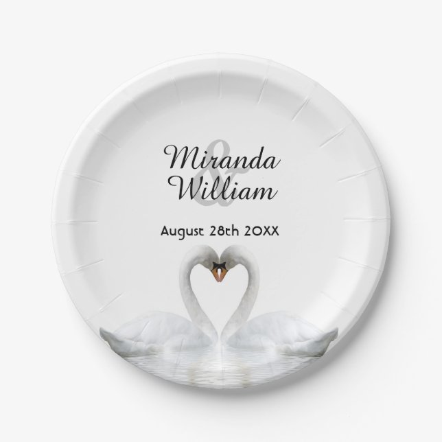 White elegant swans in love wedding paper plate (Front)