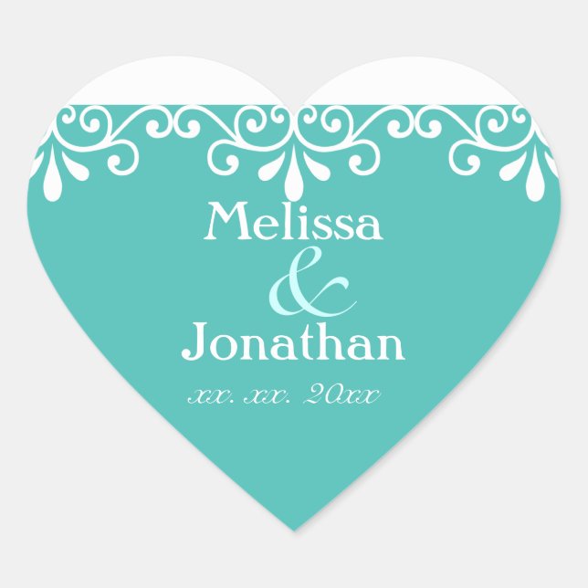 White Elegant Swirls Wedding Save the Date Teal Heart Sticker (Front)