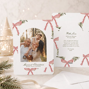 White Elegant Traditional & Preppy Red Bows Greens Holiday Card