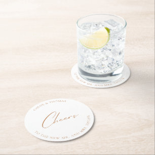 White Elegant Wedding Cheers Round Paper Coaster