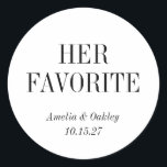 White Elegant Wedding Favour Her Favourite Custom  Classic Round Sticker<br><div class="desc">Add a personalised touch to your wedding or bridal shower favours with these elegant "Her Favourite" custom stickers. Perfect for sealing favour bags, boxes, or gifts, these round labels feature the bride and groom's names and wedding date for a chic, memorable detail. Ideal for any modern, minimalist wedding theme, these...</div>