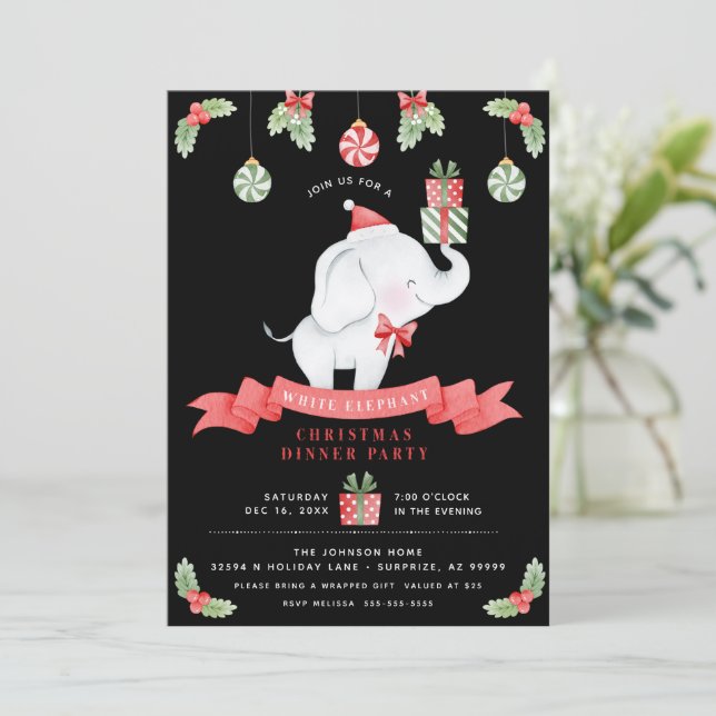 White Elephant Christmas Dinner Gift Exchange Invitation (Standing Front)