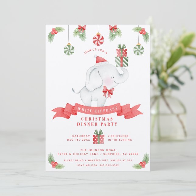 White Elephant Christmas Dinner Gift Exchange Invitation (Standing Front)