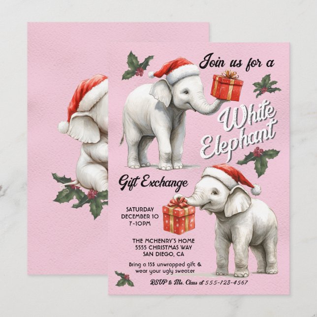 White Elephant Christmas Gift Exchange  Invitation (Front/Back)
