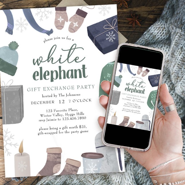 White Elephant Cosy Winter Gift Exchange Party Invitation (White Elephant Holiday Gift Exchange Party Invitation)