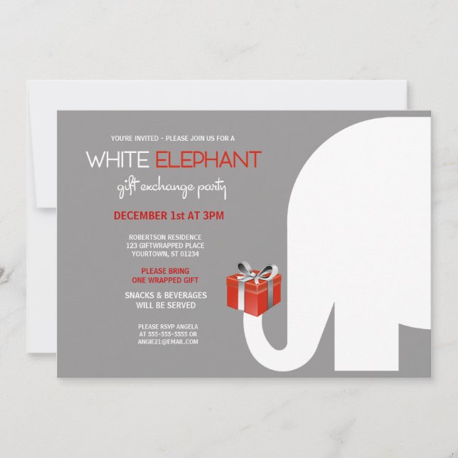 White Elephant Gift Exchange Party Invitation (Front)