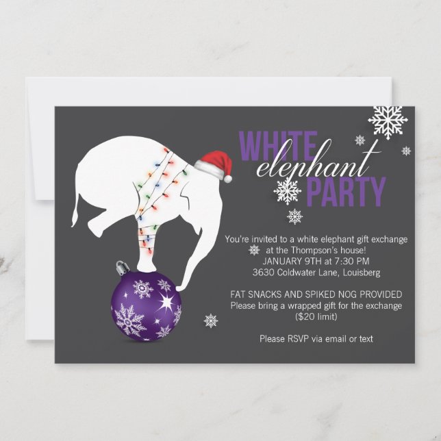 White Elephant Party Invitation | Purple/Grey (Front)