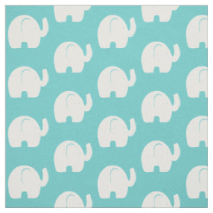 White Elephant Pattern Aqua Fabric
