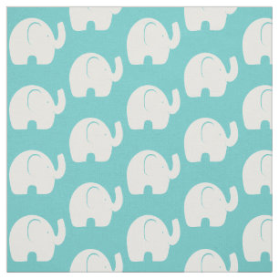 White Elephant Pattern Aqua Fabric