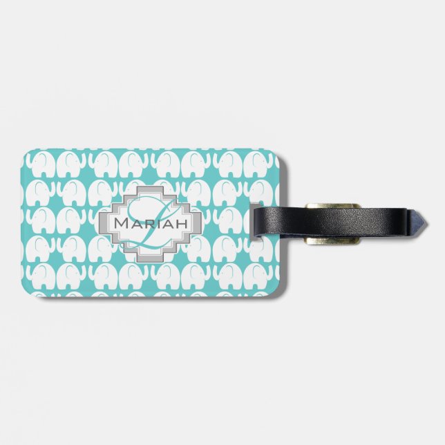 White Elephant Pattern Aqua Monogram Luggage Tag (Back Horizontal)