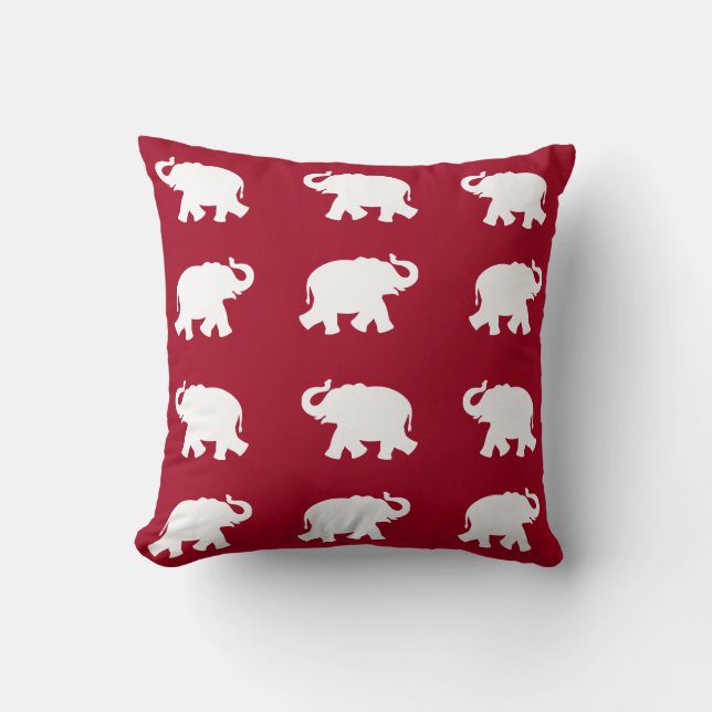 White elephant pattern on burgundy red cushion (Front)