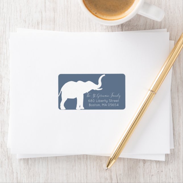 White Elephant Silhouette Blue Return Address Label (Insitu)