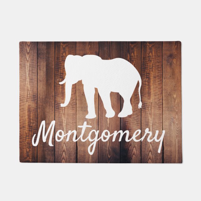 White Elephant Silhouette & Wood | Personalised Doormat (Front)