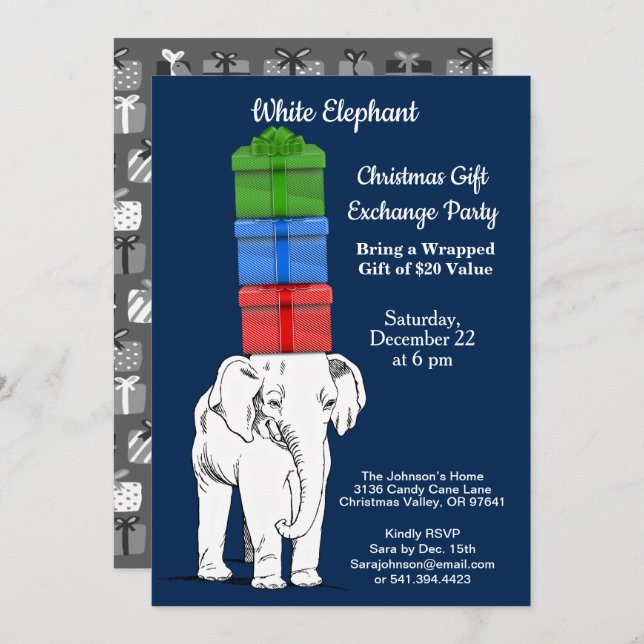White Elephant Stacked Gift Exchange Party Invitation (Front/Back)