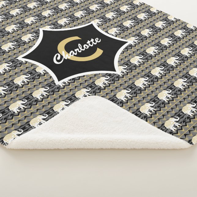White Elephant Tribal Pattern Black Gold Monogram Sherpa Blanket (3/4)