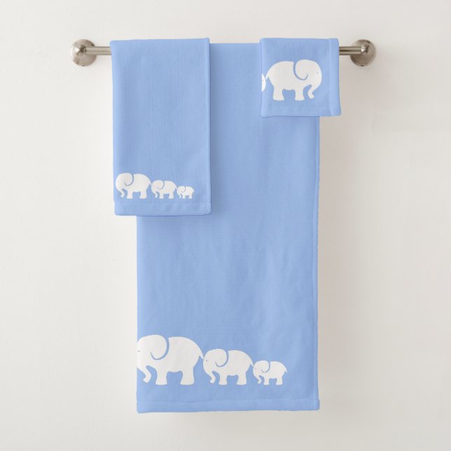 White Elephants Blue Bathroom Towel Set (Insitu)