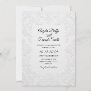 White Embossed Floral Wedding Invitation