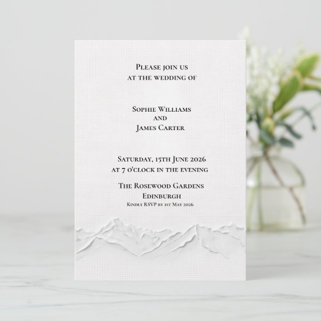 White Embossed Highland Mountain Luxury Wedding Invitation (Standing Front)