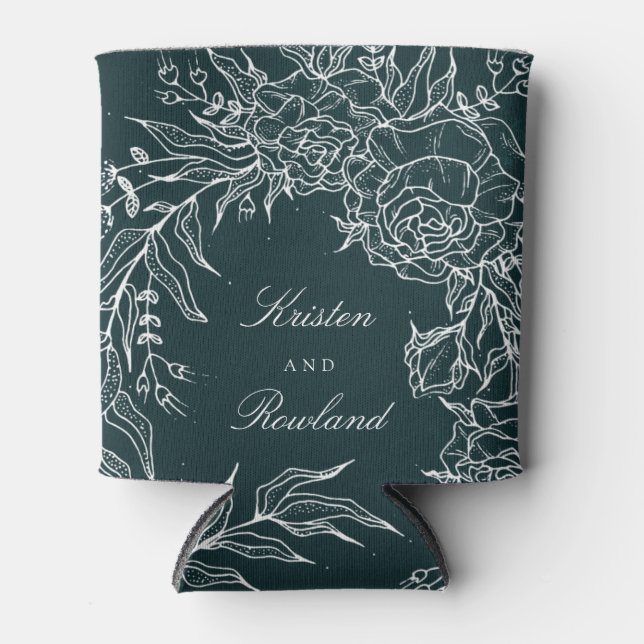 White Emerald Flower Wreath Emerald Green Wedding Can Cooler (Front)