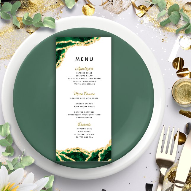 White Emerald Green & Gold Agate Elegant Wedding Menu (Creator Uploaded)
