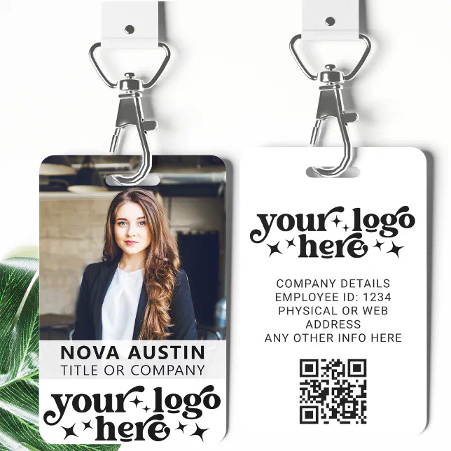 Agitype01 Id Code White Employee Photo ID With QR Code Business Logo Badge | Zazzle