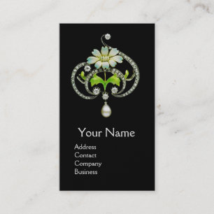 WHITE ENAMEL FLOWER ,PEARLS AND DIAMONDS JEWEL BUSINESS CARD