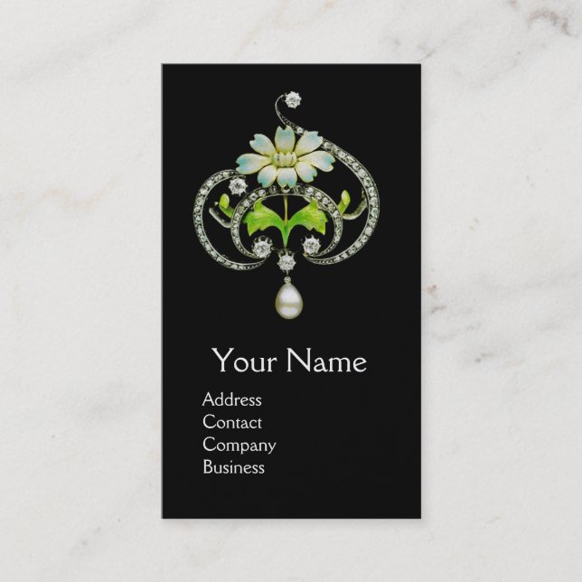 WHITE ENAMEL FLOWER ,PEARLS AND DIAMONDS JEWEL BUSINESS CARD (Front)
