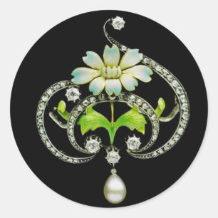 WHITE ENAMEL FLOWER ,PEARLS AND DIAMONDS JEWEL CLASSIC ROUND STICKER