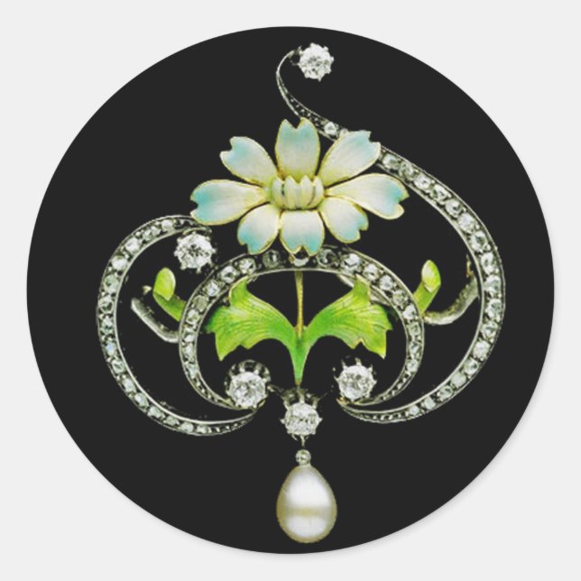WHITE ENAMEL FLOWER ,PEARLS AND DIAMONDS JEWEL CLASSIC ROUND STICKER (Front)