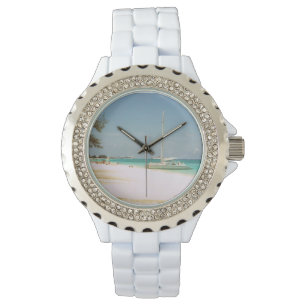 White Enamel Watch with Beach Design