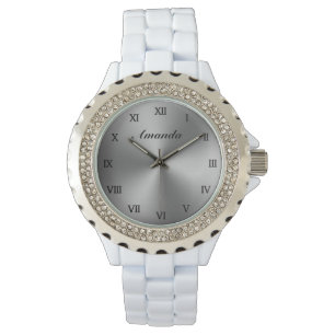 White enamel women's watch with metallic dial