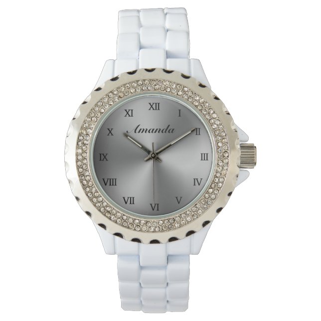 White enamel women's watch with metallic dial (Front)
