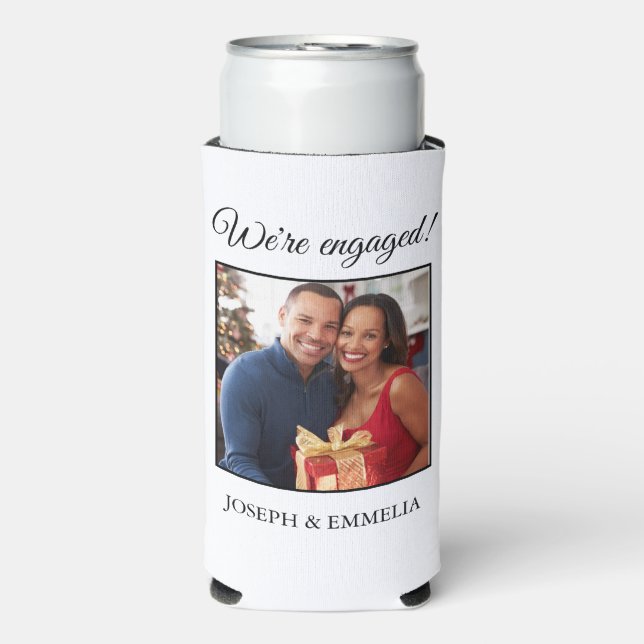 White Engagement Party Photo Happily Ever After Seltzer Can Cooler (Seltzer Front)
