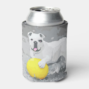 White English Bulldog Portrait With Ball Can Cooler