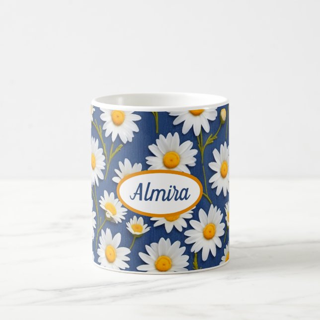 White English Daisies on Blue Coffee Mug (Center)