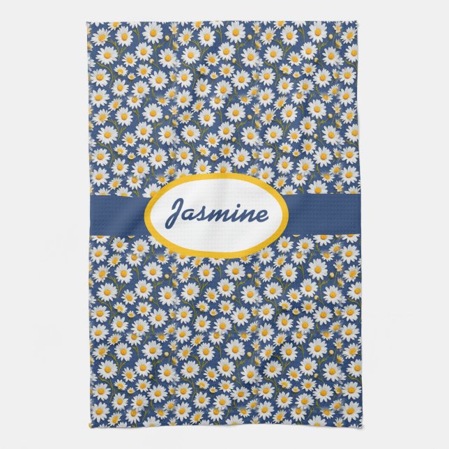 White English Daisies on Blue Tea Towel (Vertical)