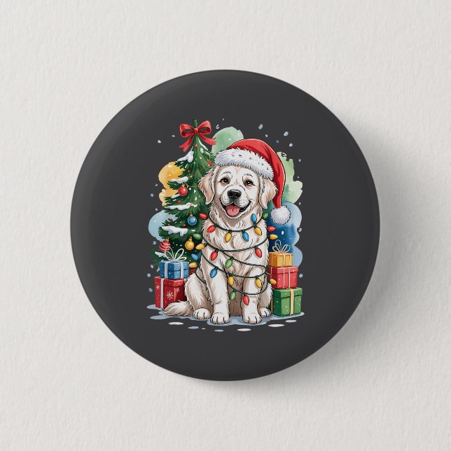 White English Golden Retriever Santa Hat Christmas 6 Cm Round Badge (Front)