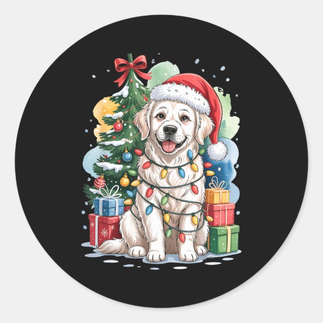 White English Golden Retriever Santa Hat Christmas Classic Round Sticker (Front)