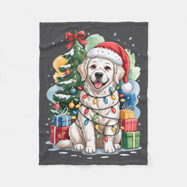 White English Golden Retriever Santa Hat Christmas Fleece Blanket (Front)