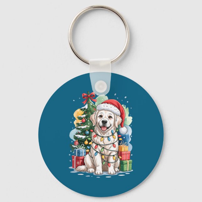 White English Golden Retriever Santa Hat Christmas Key Ring (Front)