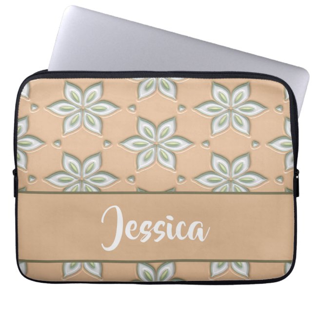 White engraved flowers on tan laptop sleeve (Front)