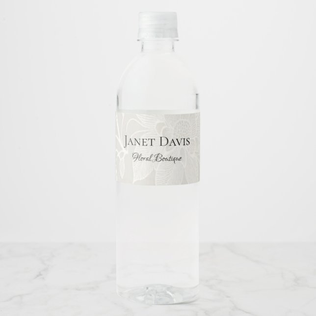 White engraved flowers silver water bottle label (Front)