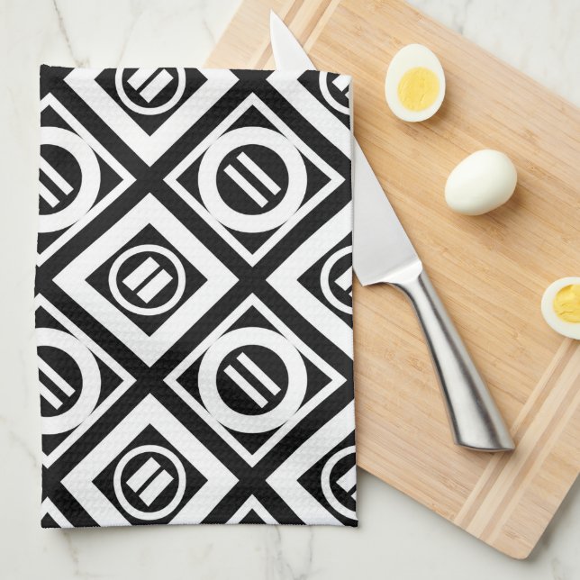 White Equal Sign Geometric Pattern on Black Tea Towel (Quarter Fold)