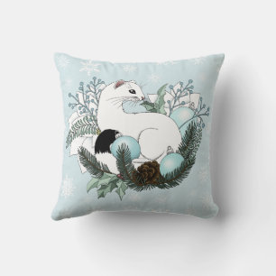 White Ermine Blue Christmas Snowflakes Cushion
