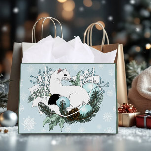 White Ermine Blue Christmas Snowflakes Large Gift Bag