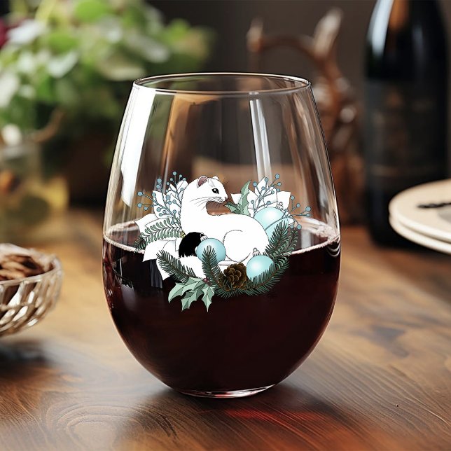 White Ermine Blue Christmas Snowflakes  Stemless Wine Glass (Creator Uploaded)