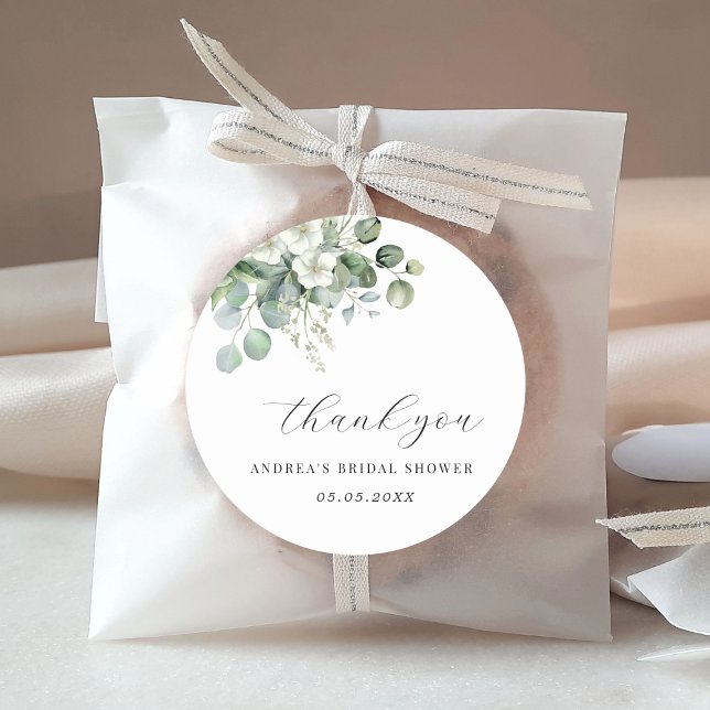 White Eucalyptus Floral Bridal Shower Thank You Classic Round Sticker (Creator Uploaded)