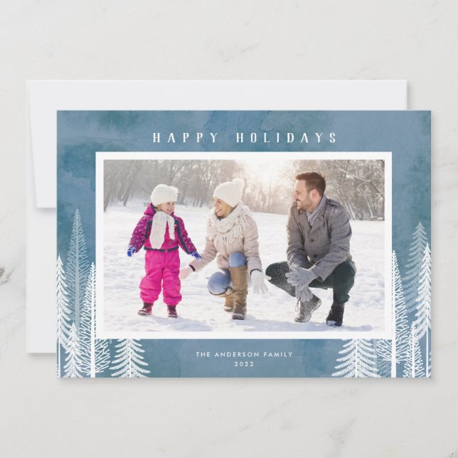 White Evergreen Trees Blue Happy Holidays Photo Holiday Card (Front)