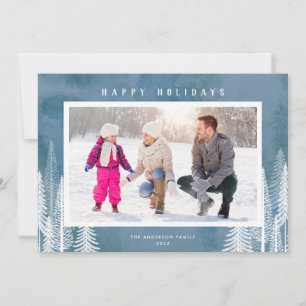 White Evergreen Trees Blue Happy Holidays Photo Holiday Card
